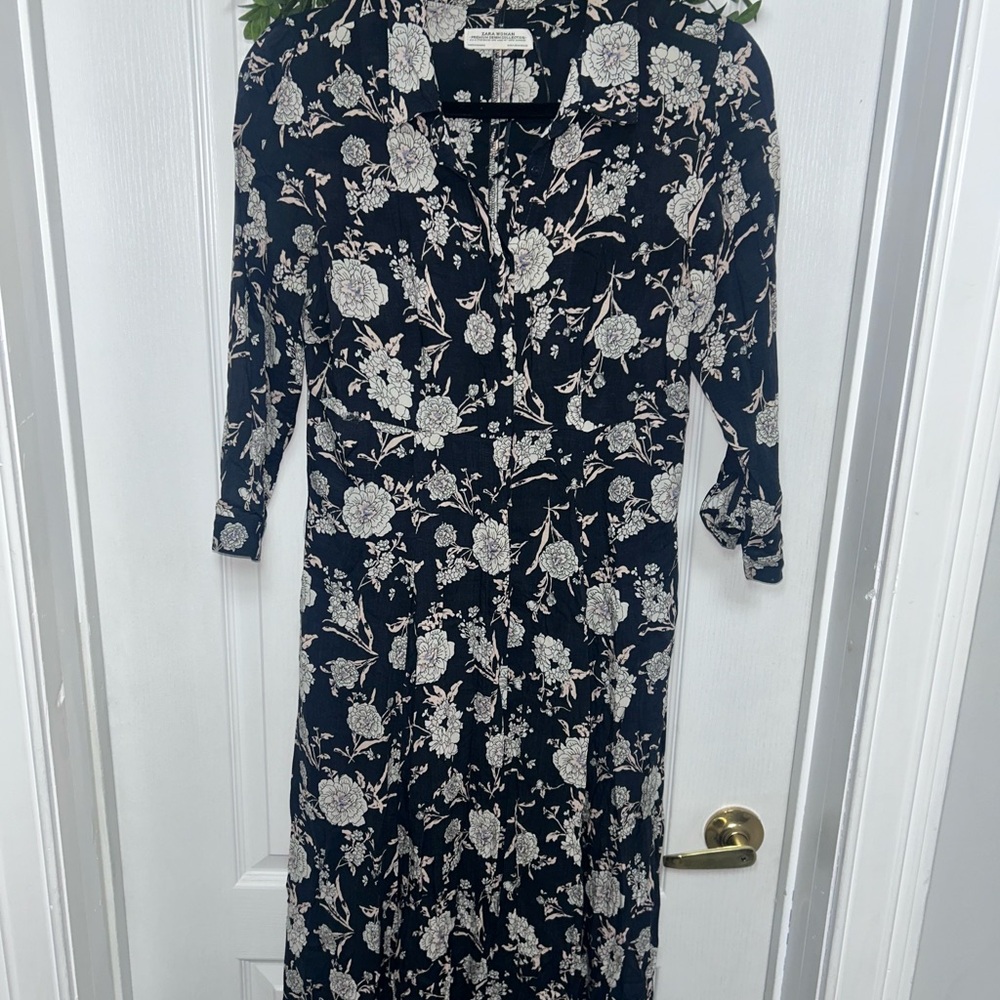 Zara Black and Cream Floral Long Sleeve Dress